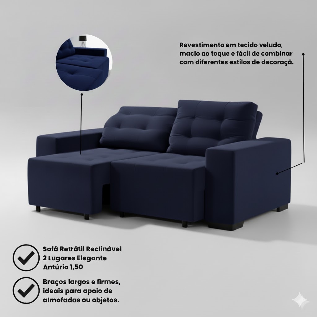 Sofá Retrátil Reclinável 2 Lugares Elegante Antúrio 1,50 — imagen 2