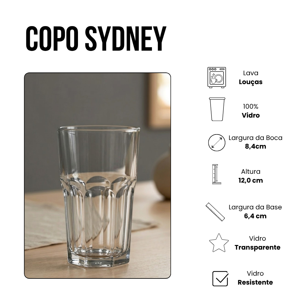 Jogo De Copos Em Vidro Kit 6 Peças Cozinha Água Suco Drink Refrigerante 350ml Mesa Posta Casa Nova — imagen 3