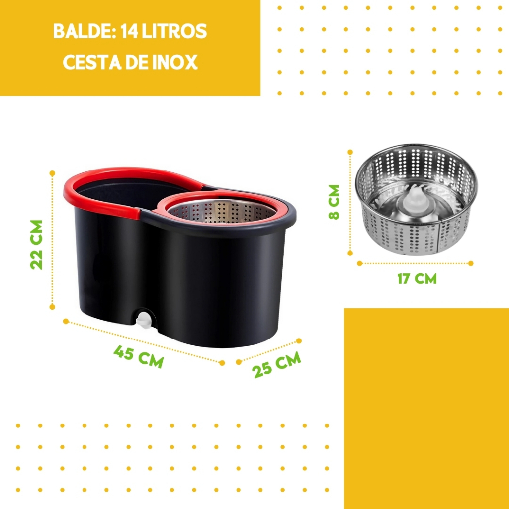 Mop Girátorio Cleaner Profissional – Balde com Centrífuga 14L + Refil Duplo e Cabo Reforçado - MN — imagen 2