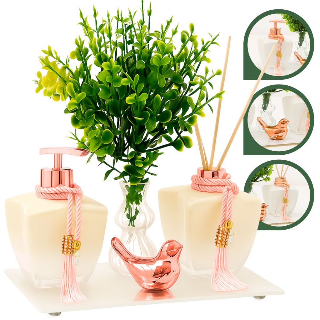 Kit Banheiro Vidro Estrela Degrade Branco Porta Sabonete Liquido e Difusor C/ Bandeja Luxo — imagen 2