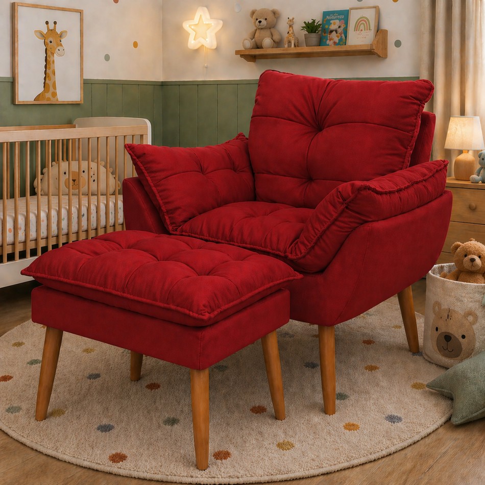 Kit Poltrona e Puff Bege Suede Decorativo Amamentação Pés Palito Fibra de Silicone — imagen 7