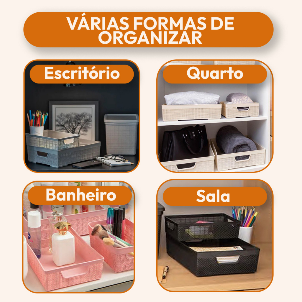 Kit 4 Cestos Organizador Grande em Plástico Empilhável Cozinha Banheiro Escritório 2 L 2 L 5,2 L — imagen 3