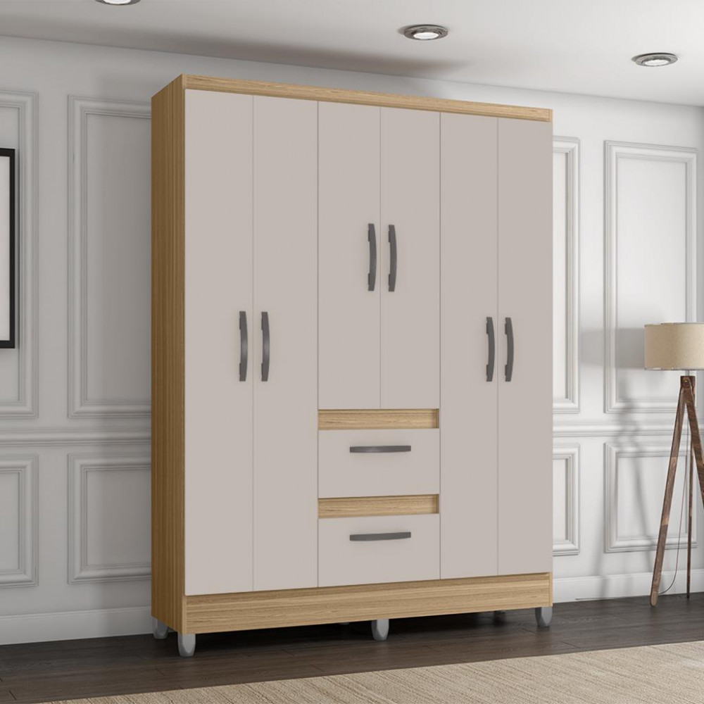 Guarda Roupa Solteiro com Pés 6 Portas 2 Gavetas Capri Poquema