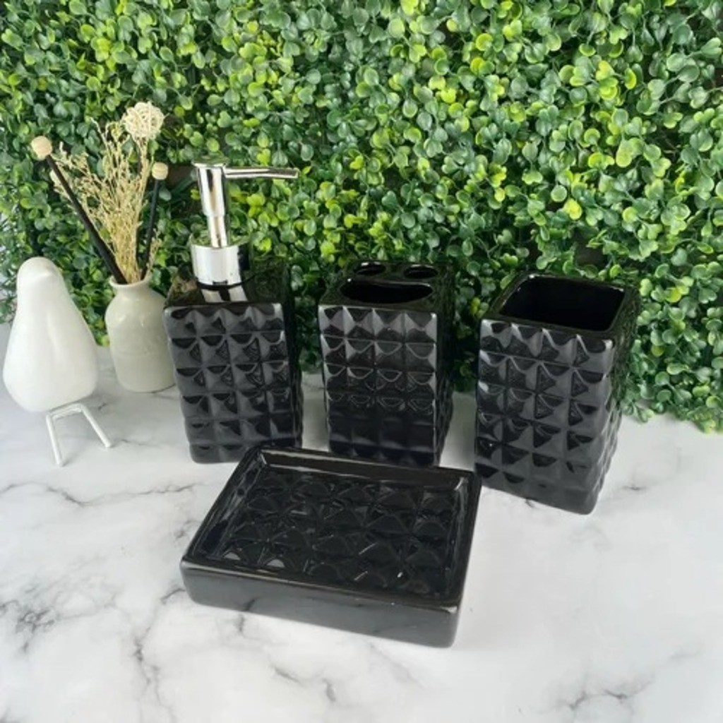 Kit Banheiro 4 Peças Saboneteira Ceramica Porta Sabonete Líquido Textura Diamante Porta Escova Dente — imagen 6
