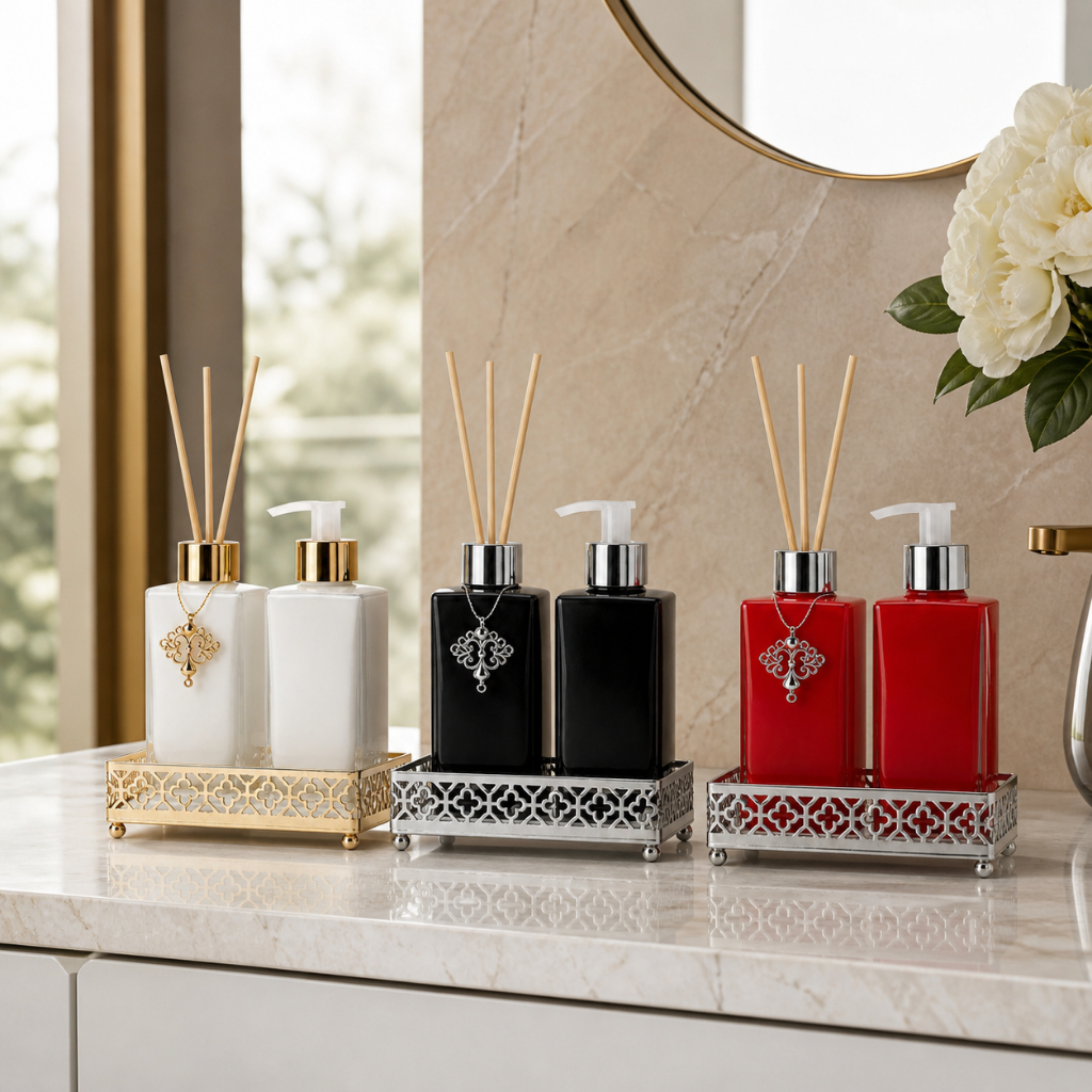 Kit Lavabo Luxo Banheiro Vidro Difusor + Saboneteira 150ml / 250ml com Bandeja de Metal — imagen 6