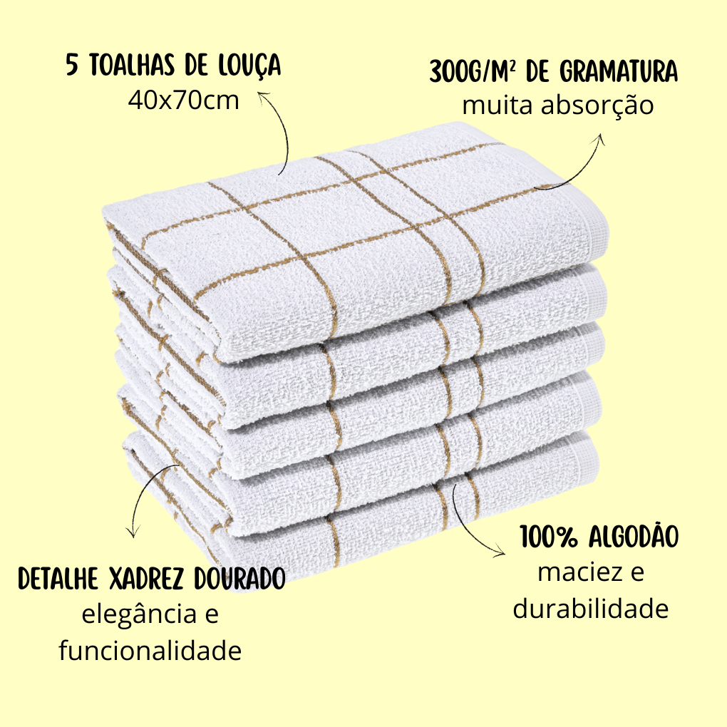 5 Pano Prato Cozinha Xadrez Branco c/ Dourado Grande Algodão Macio Laune Haus — imagen 5
