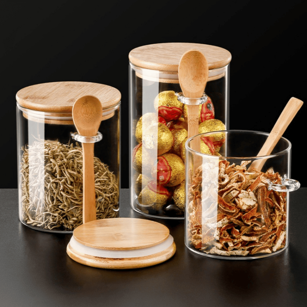 Pote Hermético De Vidro Colher em Bambu 970ml 750ml 550ml Redondo — imagen 5