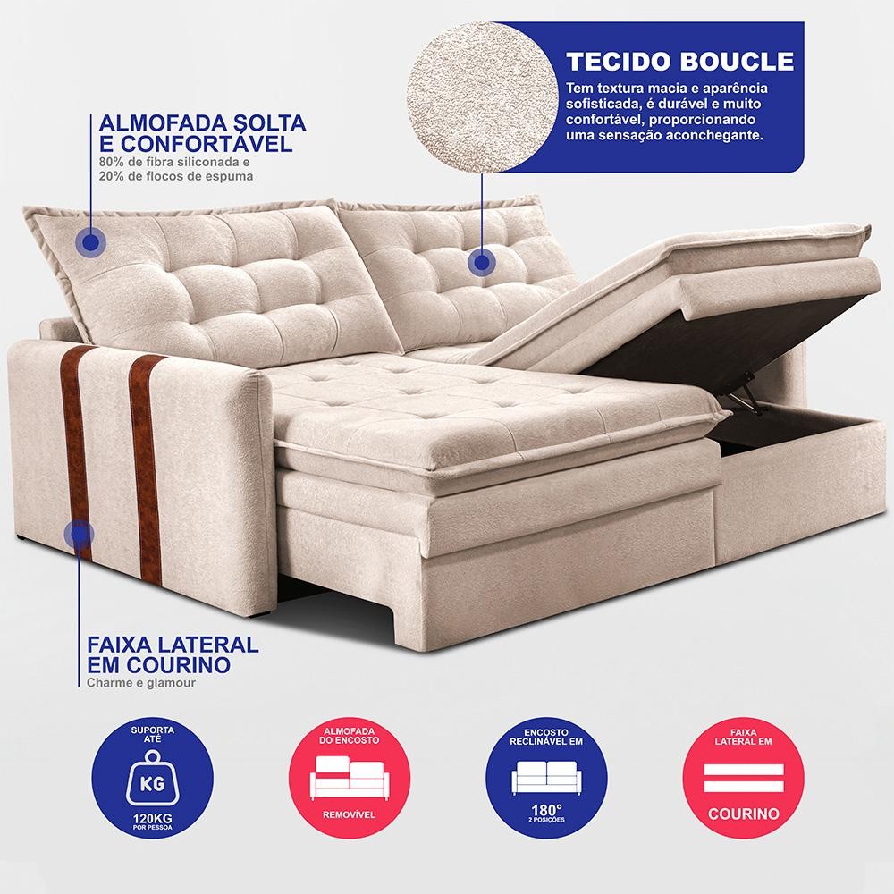 Sofá Baú Sem Caixa Retrátil 1,60m SoftGel Petit Boucle Bege Claro Cama inBox — imagen 3