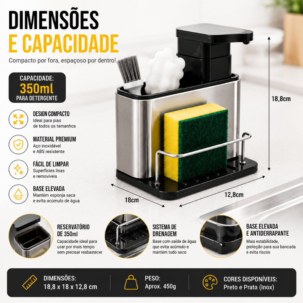 Organizador de Pia 3 em 1 em Aço Inox com Dispensador de Detergente e Suporte para Esponja — imagen 6