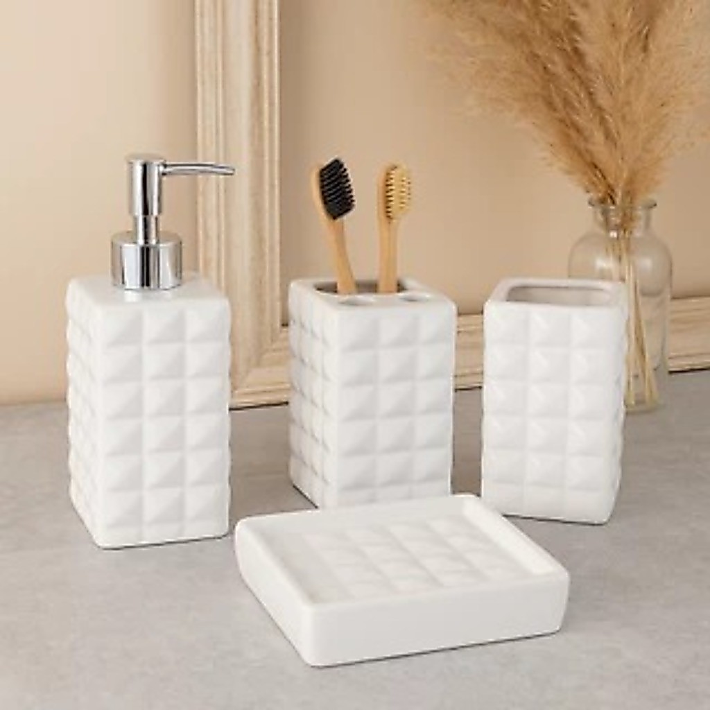 Kit Banheiro 4 Peças Saboneteira Ceramica Porta Sabonete Líquido Textura Diamante Porta Escova Dente — imagen 2