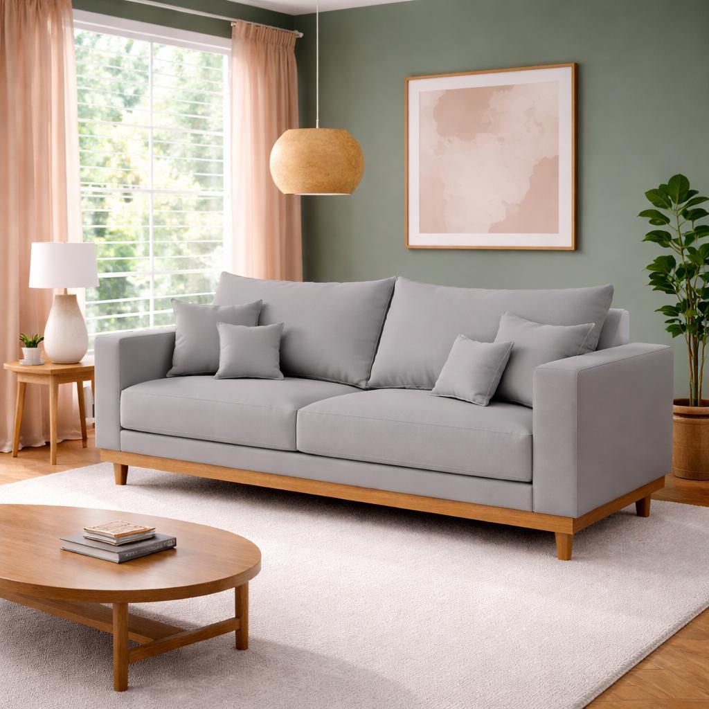 Sofá 3 Lugares Living Com Base Madeira Linho Balaqui Decor