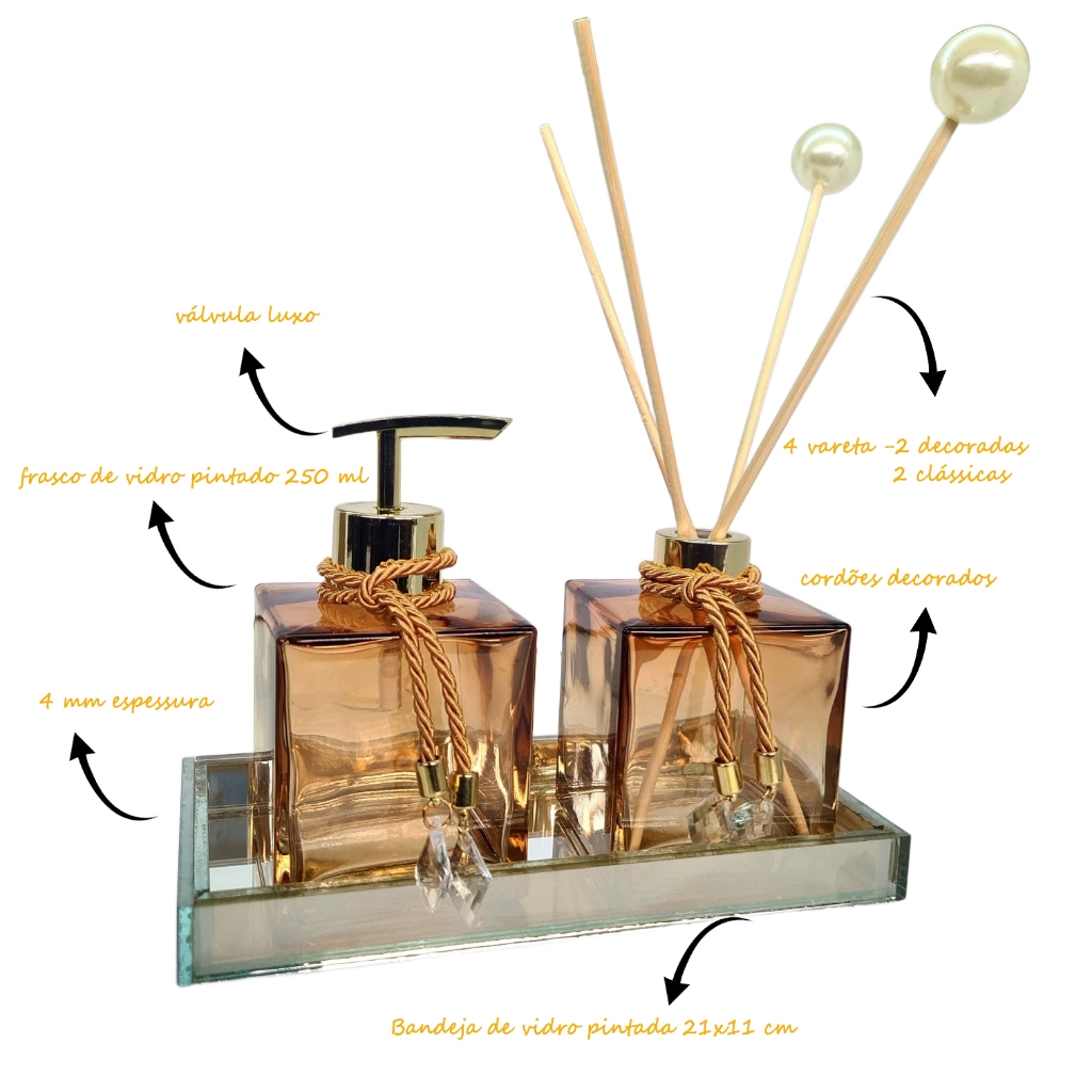 Kit Lavabo Luxo Vidro Decorativo Aromatizador Saboneteira Bandeja Cristal Elegante Banheiro Chique — imagen 2
