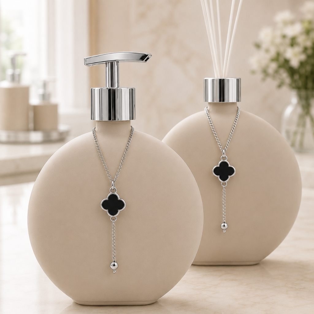Kit Lavabo Banheiro Luxo em Vidro Luna Bege 500ml - Saboneteira e Aromatizador — imagen 4