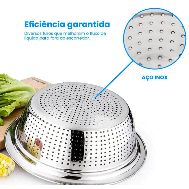 Escorredor De Arroz Inox Legumes Frutas Multiuso Cozinha Alça Coador Peneira Drenagem Inoxidável — imagen 3