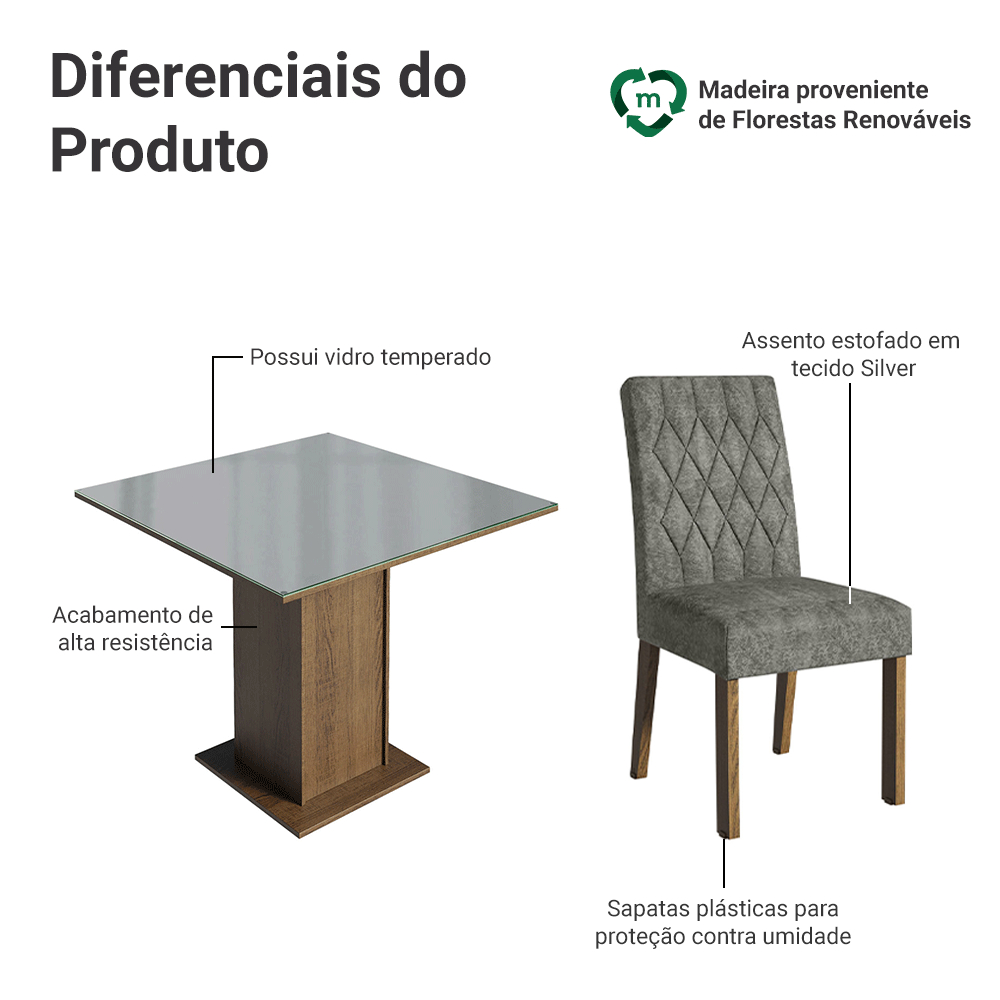 Conjunto Sala de Jantar Mesa Tampo de Vidro 4 Cadeiras Rustic/Cinza/Silver Anaju Madesa — imagen 4