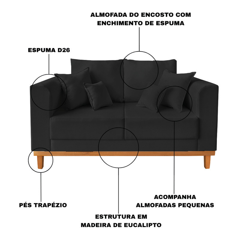 Sofá 02 Lugares Beny Sala de Estar Recepção Clínica Linho Preto — imagen 7