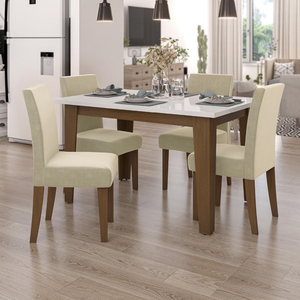 Conjunto de Mesa Sala de Jantar Miami com 4 Cadeiras Trieste Suede 1,20m Cedro / Off White / Areia D — imagen 2