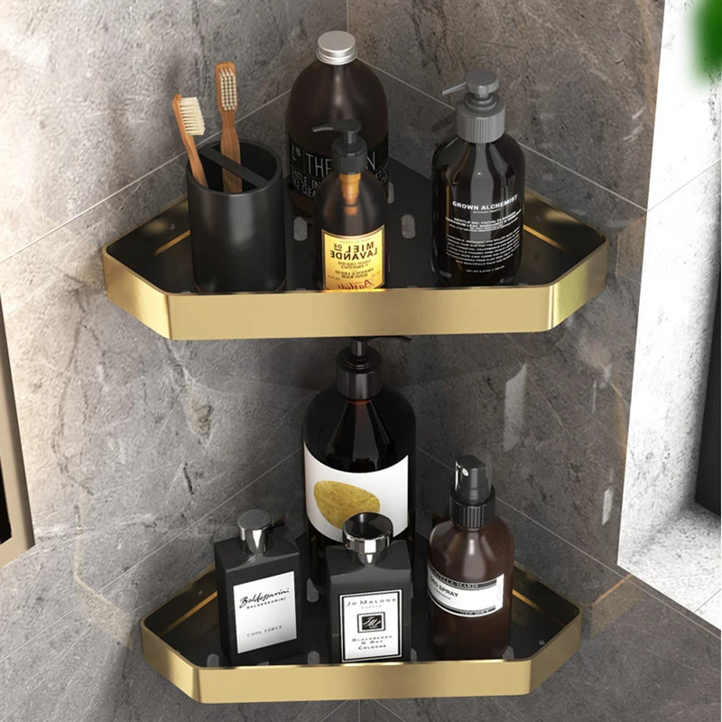 Kit 2 Acessórios para banheiro, rack de armazenamento de banheiro em alumínio preto com dourado — imagen 3