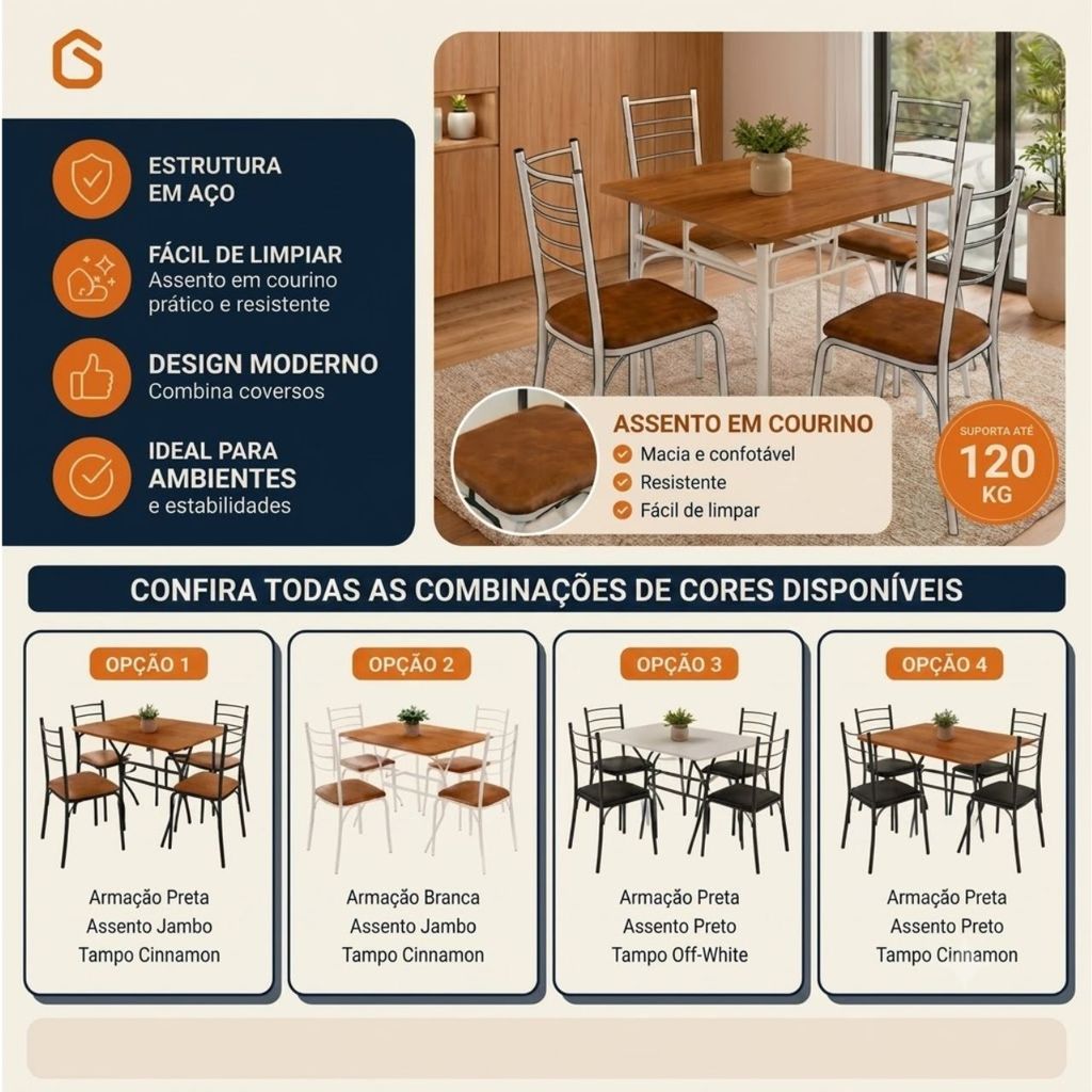 Conjunto Mesa com 4 Cadeiras 4 Lugares Cozinha Sala de Jantar MDF Aço Confortse — imagen 6